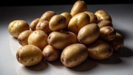 bunch of potato on white table and plain background with dramatic lighting
