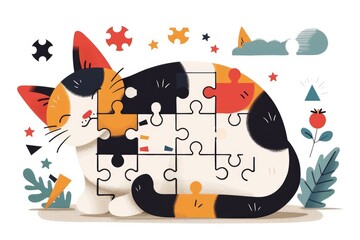 A cute cat is sleeping on a white background with puzzle pieces and colorful shapes.