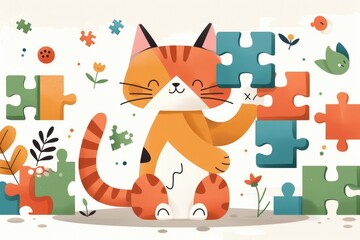 Cute cat putting together puzzle on white background, cartoon vector illustration.