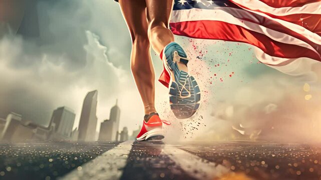 Created and illustrated image of woman's legs jumping in mid-air while wearing both running shoes with a simple background and an American flag wrapped around it.
