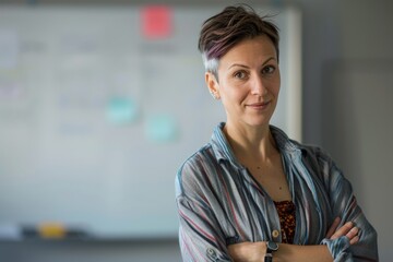 Obraz premium Confident Business Nonbinary identity with Modern Hairstyle in Office Environment