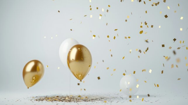 Paper table with gold and white balloons and golden confetti 3d render – festive celebration background for party invitations, birthday cards, and holiday greetings with elegant and luxurious decorati