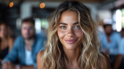 Obraz premium A woman with freckles and wavy blonde hair smiles brightly in a modern indoor setting, her green eyes sparkling with joy and embracing the warmth of the place.