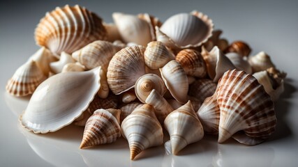 bunch of seashell on white table and plain background with dramatic lighting