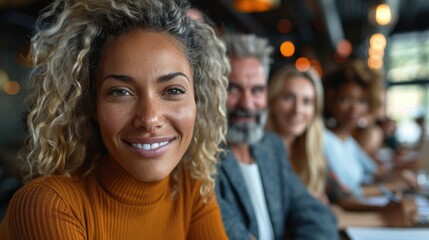 Obraz premium A woman with curly hair is smiling while sitting in a cozy room with lights in the background, focusing on her as other people chat and interact behind her.