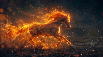 A horse with a fiery mane is running through a dark sky