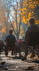 Sunlit path with people in wheelchairs enjoying a day in the park filled with autumn colors and fallen leaves.