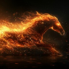 A horse with a fiery mane is running through a dark sky