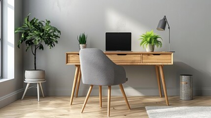 Modern Home Office Decor - Light wood desk with a grey chair, a sleek laptop, minimal decor items, and a small indoor plant