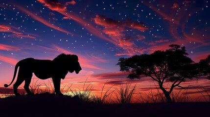 African landscape at sunset with silhouette of a big adult lion. 