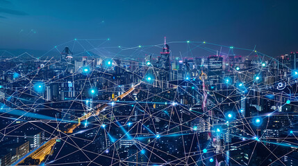 Modern city with wireless network connection and city scape concept,Smart city and intelligent communication network of things ,wireless connection technologies concept
