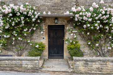 old door in the village surrounded by roses