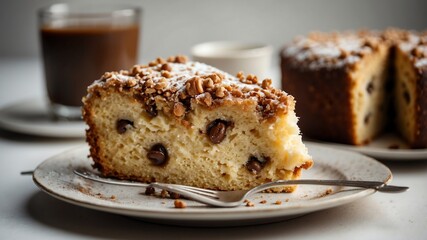 classic coffee cake on white table and plain background with dramatic lighting