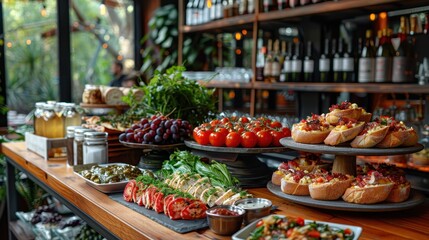 Obraz premium A rustic wooden table filled with a variety of appetizing dishes, including breads, vegetables, and meats, accompanied by bottles of wine, creating a warm and inviting atmosphere for a meal.