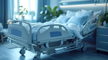 Fototapeta premium An empty hospital bed positioned in a bright and sterile room with medical equipment around, reflecting care and readiness for patients in a modern healthcare setting.