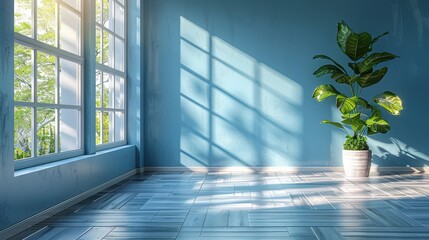 A minimalist room bathed in natural light with blue walls and wooden floor, featuring a vibrant green plant near the corner, creating a serene and fresh ambiance.