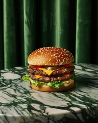 A mouth-watering double cheeseburger with lettuce, tomato, and cheese on a sesame seed bun, placed on a marble table with a green curtain background.