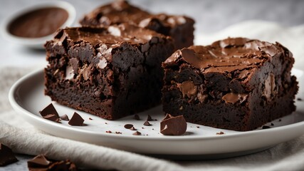 double chocolate chunk brownie on white table and plain background with dramatic lighting