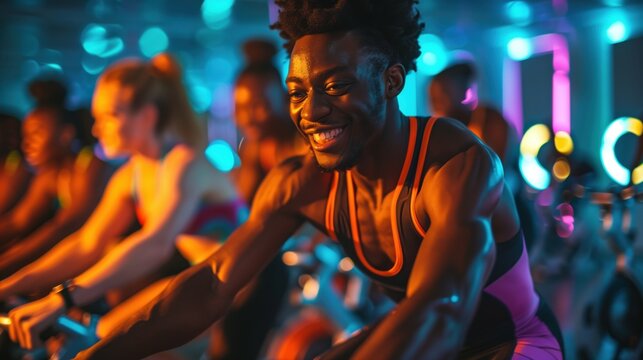 An individual is vigorously cycling in a vibrant, neon-lit gym environment, portraying a high-energy scene filled with multiple other participants engaged in a group workout session.