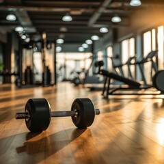 Black Dumbbell on a Wooden Floor in a Gym