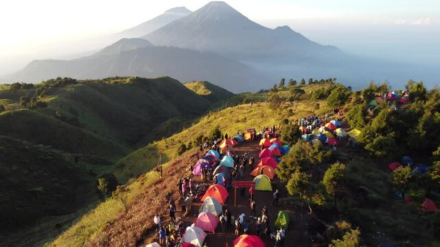 The drone view of Prau Mountain in Wonosobo Regency, Central Java, Indonesia. It was taken on June 9, 2024 by a professional. It's an iconic mountain in this regency
