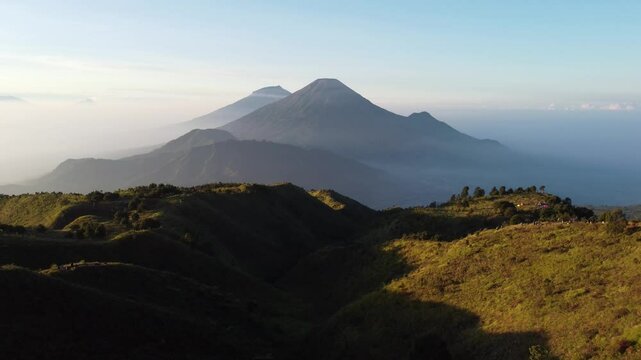 The drone view of Prau Mountain in Wonosobo Regency, Central Java, Indonesia. It was taken on June 9, 2024 by a professional. It's an iconic mountain in this regency