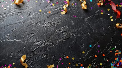 Festive slate board with colorful confetti on a black background, top view with ample space for text and custom messages, ideal for celebratory announcements, party invitations, and holiday greetings