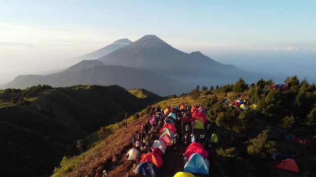 The drone view of Prau Mountain in Wonosobo Regency, Central Java, Indonesia. It was taken on June 9, 2024 by a professional. It's an iconic mountain in this regency