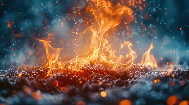 An up-close shot of glowing embers with fiery flares rising against a blurred backdrop, filling the scene with warm light, dynamic motion, and intense visual contrast.