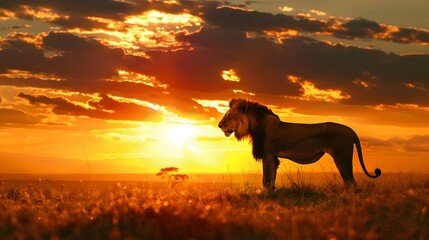 African landscape at sunset with silhouette of a big adult lion. 