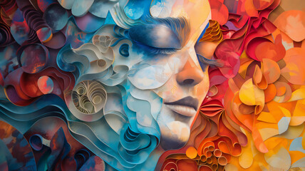 A colorful, abstract illustration of a woman's face, blending swirling patterns and vivid colors to create a dynamic and expressive art piece.