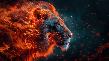Image depicts a majestic lion with a blazing fiery mane, representing power and fierceness, amidst a dark backdrop, emphasizing the mythical and intense nature of the creature.