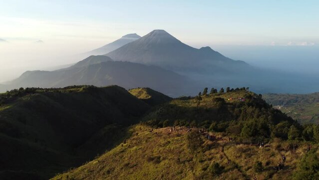 The drone view of Prau Mountain in Wonosobo Regency, Central Java, Indonesia. It was taken on June 9, 2024 by a professional. It's an iconic mountain in this regency