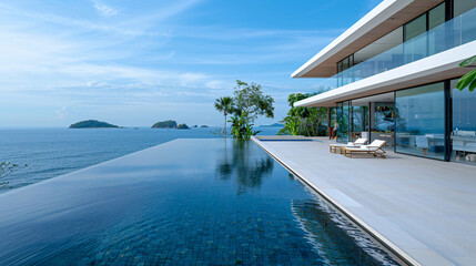 Fototapeta premium Modern house with ocean-view pool. Generative by AI