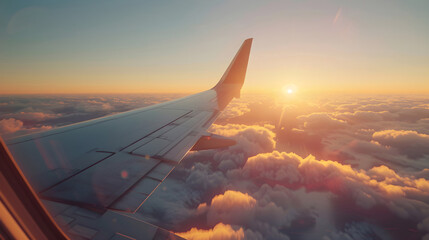 Obraz premium Airplane wing view at sunset. Generative by AI
