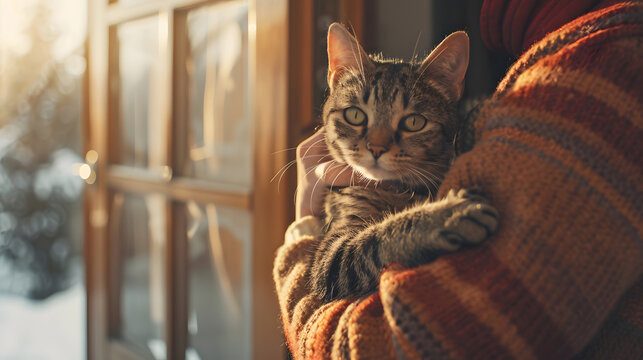 Person holding cat in arms. Generative by AI