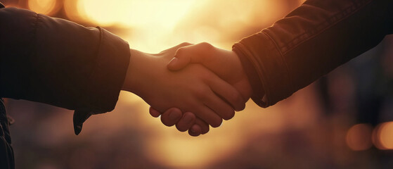 Close-Up Handshake at Sunset with Copy Space