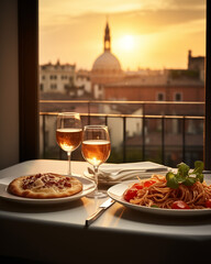 Romantic Italian Dinner at Sunset with Copy Space