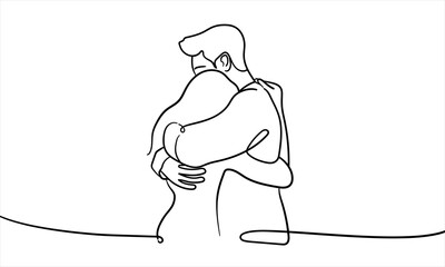 Man hugs woman, protection, love, trust, continuous line art drawing isolated on white background. Vector illustration
