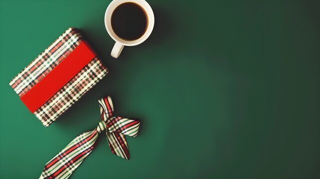 Flat lay holiday concept with gift box, tie, and coffee cup on a green background. Fathers Day, male birthday concept