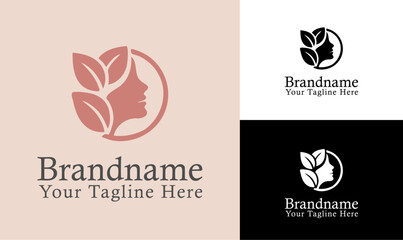 Feminine Profile and Leaf Motif Logo Design for Spa, Wellness, Boutique