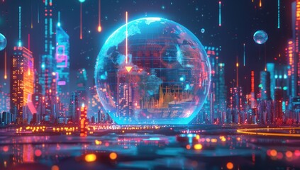 Obraz premium Futuristic Cityscape with Holographic Globe
