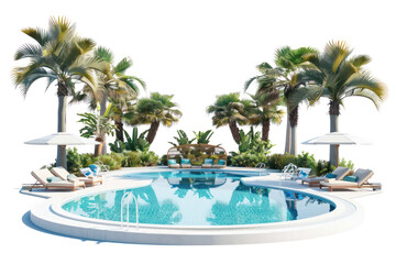 Tropical resort pool with lounge chairs, umbrellas, and palm trees. Perfect vacation spot for relaxation and leisure activities.