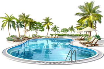 Serene resort swimming pool surrounded by palm trees, sun loungers, and umbrellas, perfect for a tropical vacation or relaxing getaway.