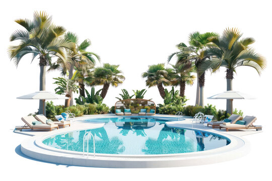 Tropical resort pool with lounge chairs, umbrellas, and palm trees. Perfect vacation spot for relaxation and leisure activities.