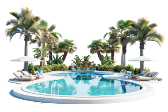 Tropical resort pool with lounge chairs, umbrellas, and palm trees. Perfect vacation spot for relaxation and leisure activities.