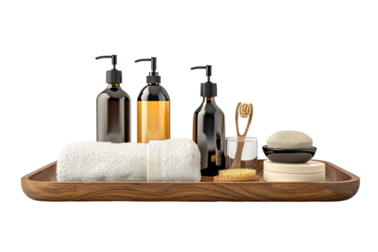 Elegant bathroom accessories set with soap dispensers, towel, and brushes on a wooden tray, ideal for interior decor and spa relaxation.