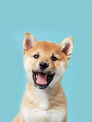 funny shiba inu puppy dog vertical banner, isolated on blue pastel background, concept for petshops and pet niche ecommerce