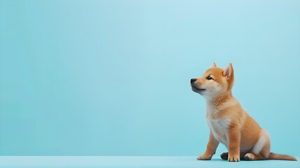 funny shiba inu puppy dog vertical banner, isolated on blue pastel background, concept for petshops and pet niche ecommerce