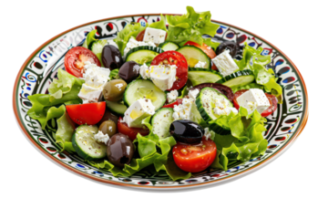 Fresh Greek salad in a decorative plate featuring tomatoes, cucumbers, olives, feta cheese, and crisp lettuce on a white background.